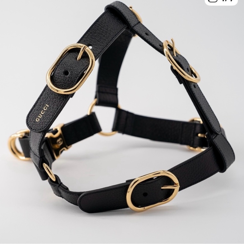 Gucci Black Leather Dog Harness with Gold-Tone Buckles